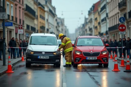 Scène d'accident de la route à Lorient avec véhicules endommagés et pompiers sur place