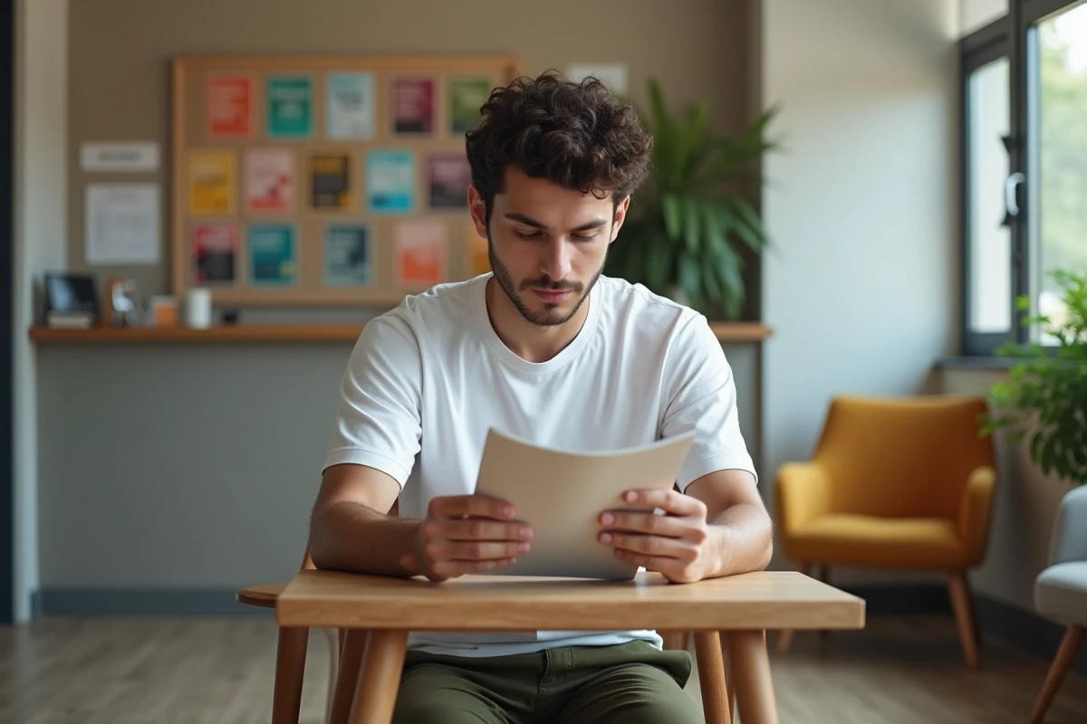 Jeune homme consultant une brochure d'information dans la salle d'attente d'une association d'aide psychologique