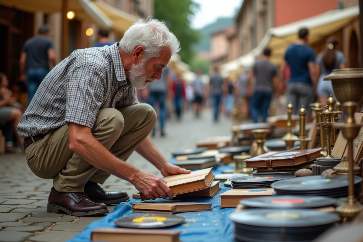 Acheteur inspectant des livres anciens et objets de brocante étalés au sol lors d'un vide grenier à Montauban