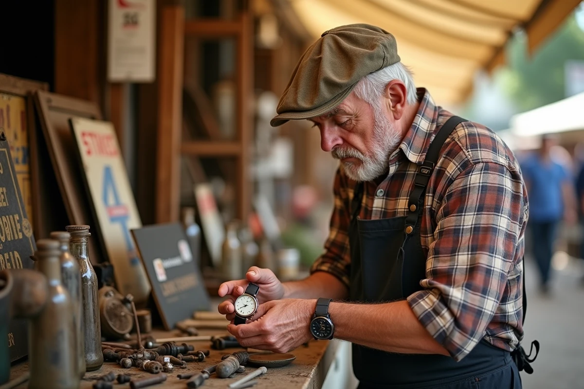 Homme examinant une montre ancienne lors d'un vide grenier en Lot-et-Garonne entouré d'objets de brocante