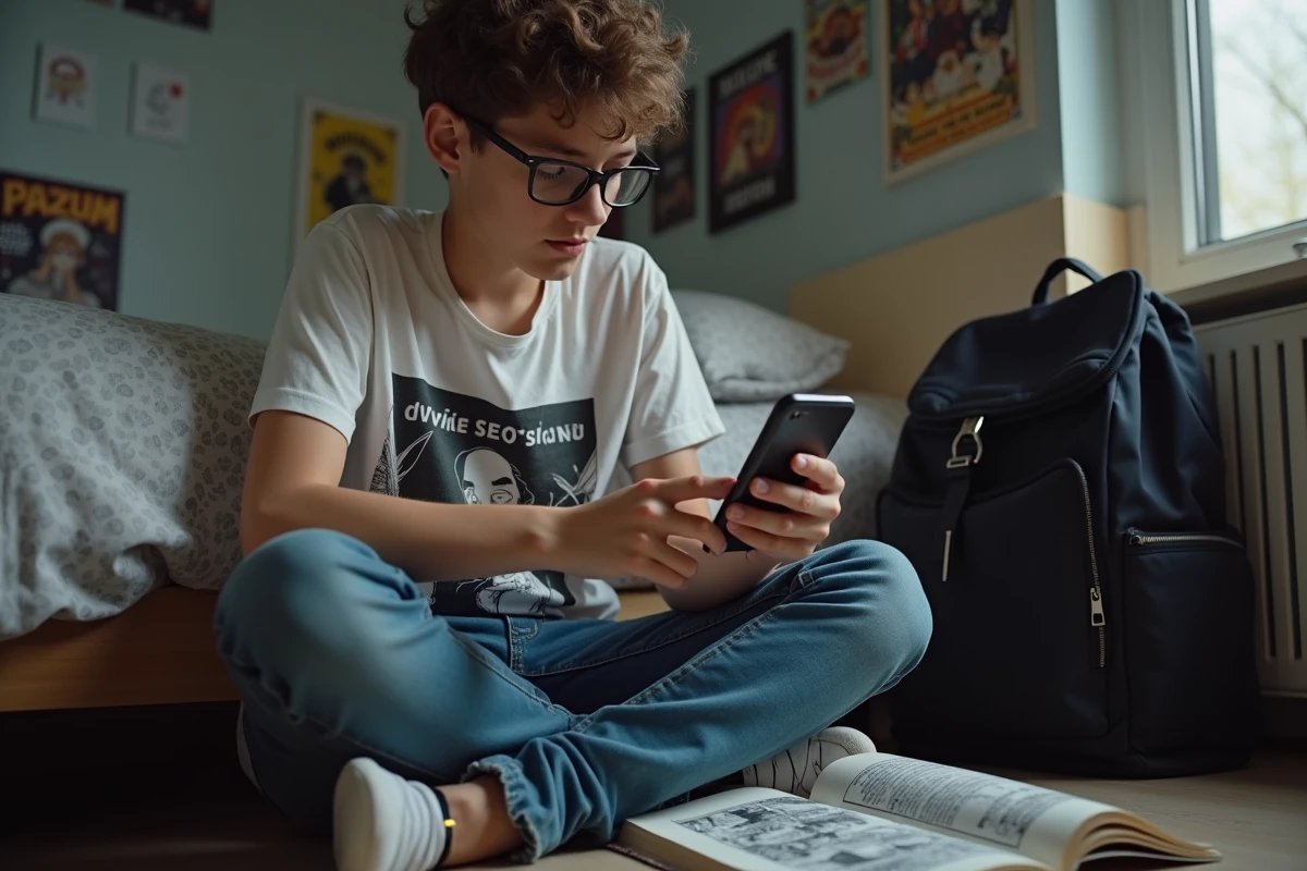 Adolescent lisant des scans manga en VF sur smartphone assis sur le sol de sa chambre