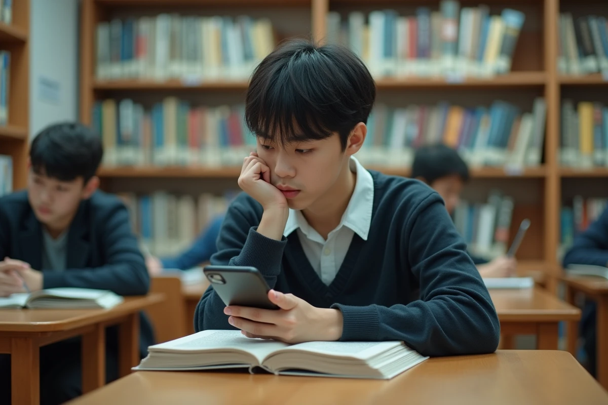 Adolescent lisant des scans de manga sur smartphone dans une bibliothèque publique entre des piles de manuels scolaires