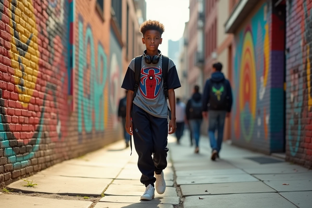 Adolescent afro-américain avec un sac à dos Spider-Man marchant dans une rue urbaine colorée ornée de fresques murales