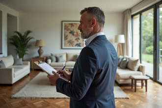 Agent immobilier en costume dans un salon moderne français