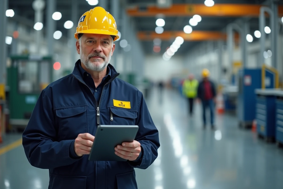 Agent de sécurité avec tablette dans une usine moderne et signage sécurité