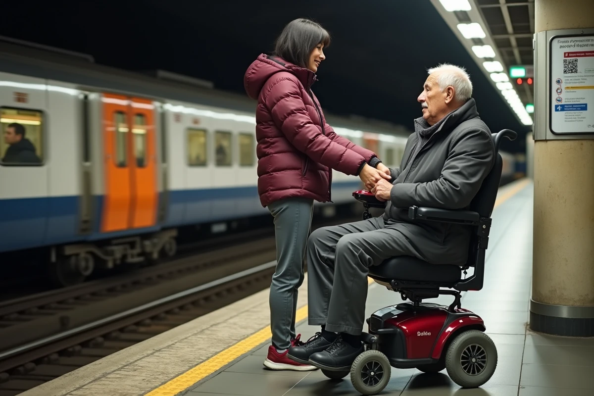 Jeune femme aidant une personne âgée en scooter électrique sur un quai de métro parisien avec portes palières et signalétique d'accessibilité
