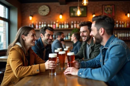 Groupe d'amis dégustant une bière dans un bar à Toulouse
