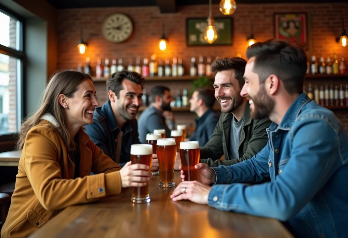 Groupe d'amis dégustant une bière dans un bar à Toulouse