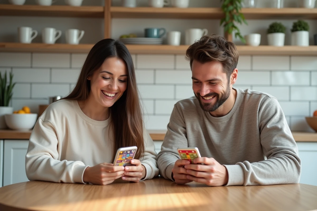 Deux amis partageant des liens de dés gratuits Monopoly GO sur leurs smartphones autour d'une table de cuisine