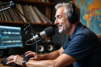 Homme d'âge moyen en studio radio à Mille