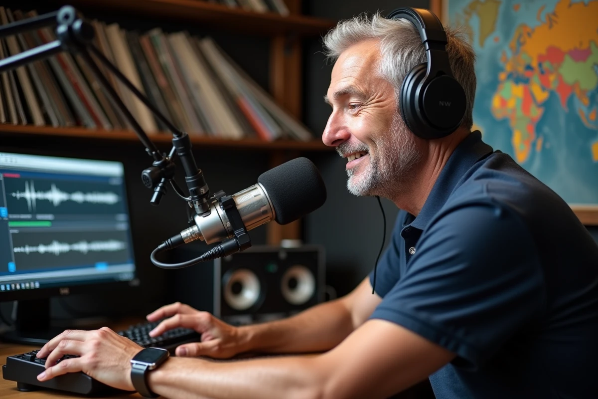 Homme d'âge moyen en studio radio à Mille