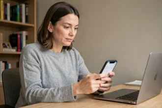 Femme utilisant un annuaire inversé sur son smartphone dans un bureau à domicile