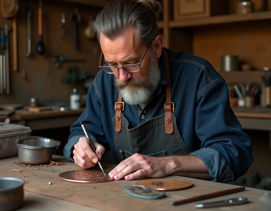 Artisan gravant un symbole triskel sur un disque en cuivre dans un atelier de bijouterie celtique artisanale