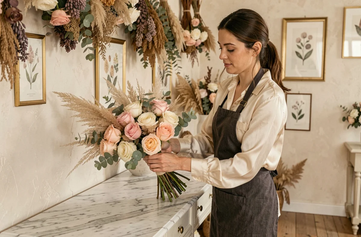 Fleuriste d'Aura Flor composant un bouquet de roses et d'herbes de la pampa dans un studio floral élégant aux tons ivoire et or à Montpellier