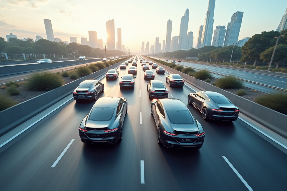 Autoroute futuriste avec voitures autonomes équipées lidar en journée