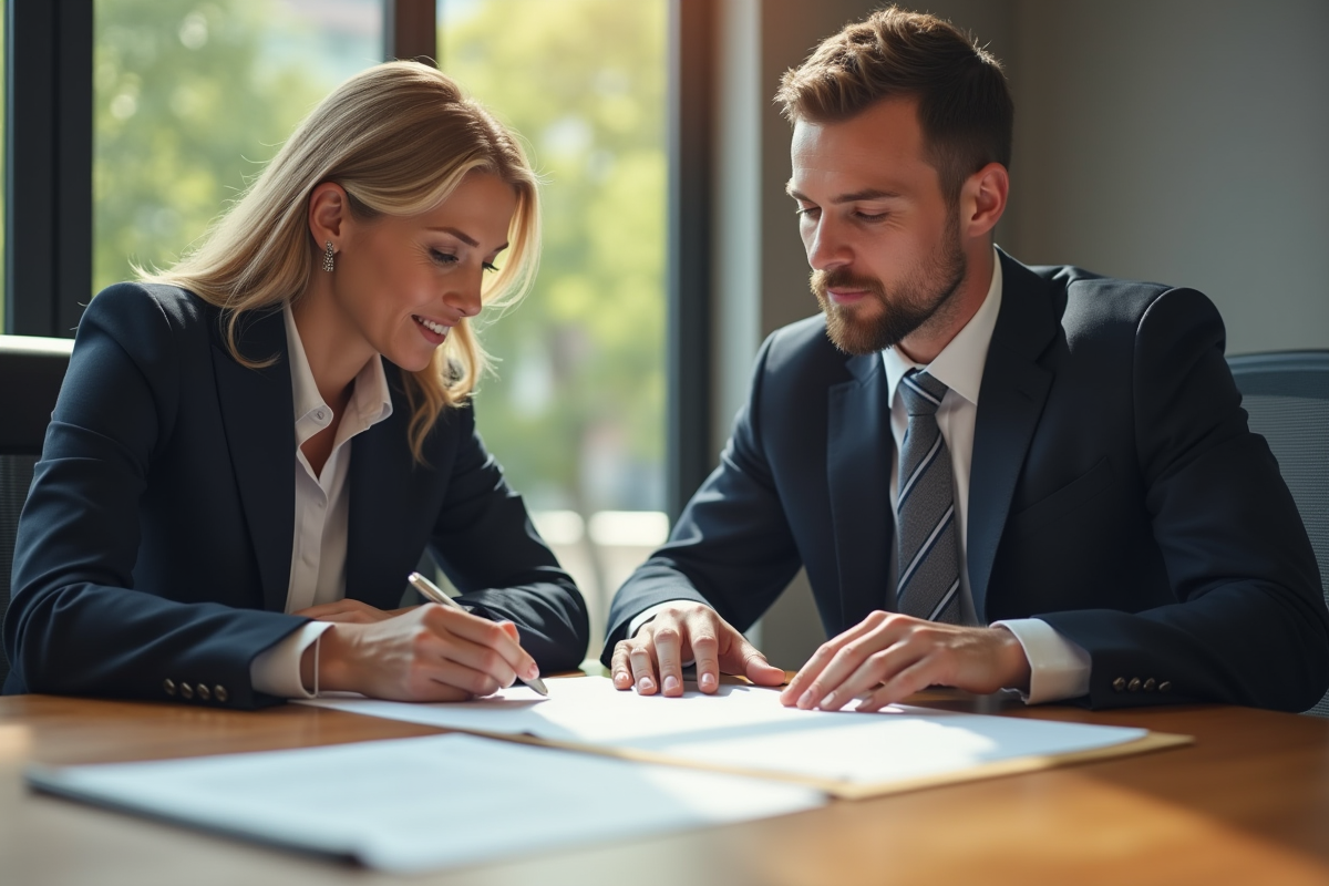 Avocats en discussion autour d'un document juridique