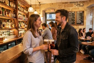 Deux amis qui discutent autour d'une bière dans un bar chaleureux de Châtelet avec décor en pierre apparente