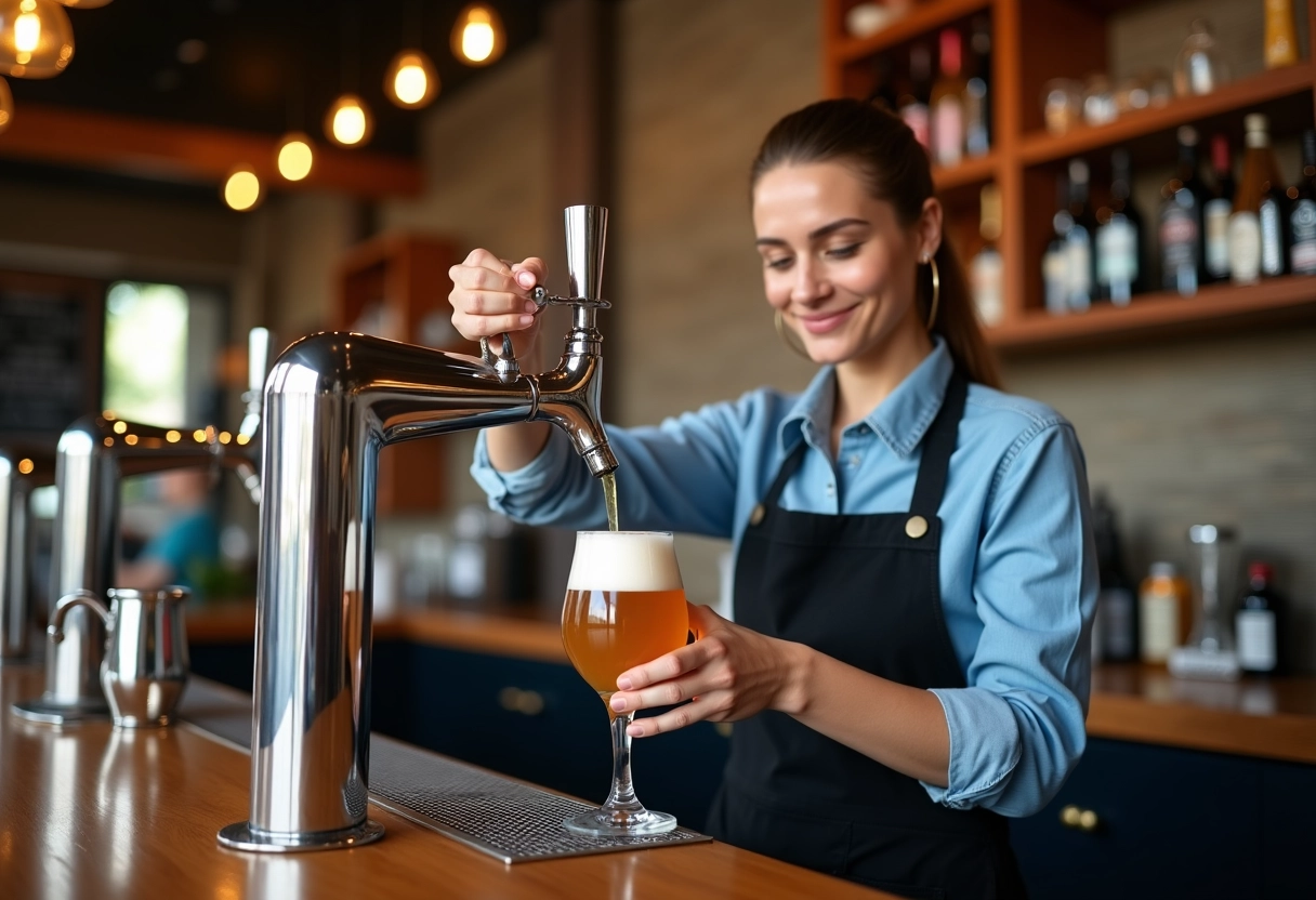Femme barman versant une bière dans un bar à Toulouse
