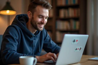 Homme jouant à la belote coinchée en ligne sur laptop avec chat en direct ouvert