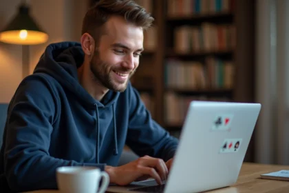 Homme jouant à la belote coinchée en ligne sur laptop avec chat en direct ouvert