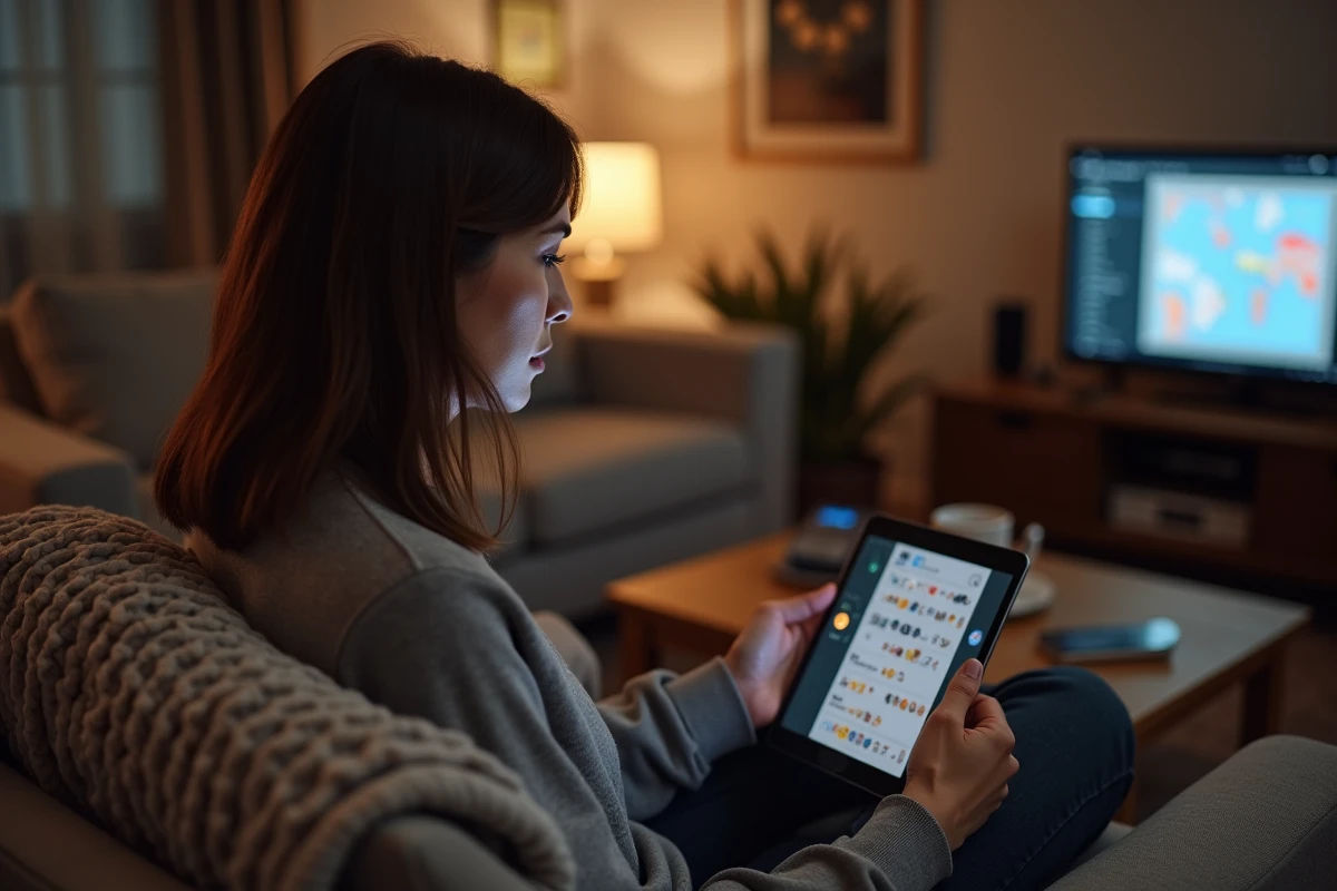 Femme jouant à la belote coinchée gratuite sur tablette avec communauté active en chat