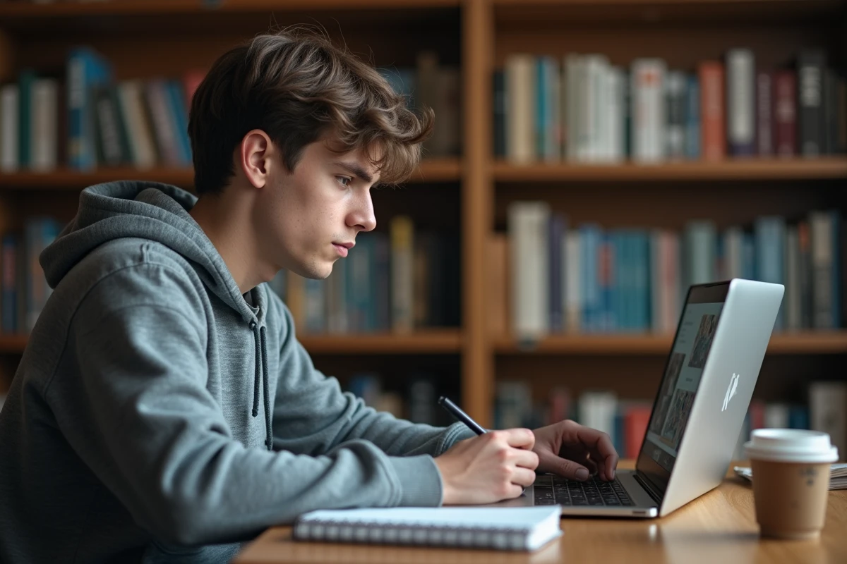 Jeune bénévole suivant un atelier en ligne webassoc sur la culture web associative depuis une bibliothèque avec ordinateur et cahier de notes