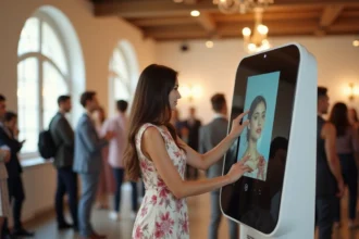 Borne photomaton moderne à écran tactile installée dans une salle événementielle contemporaine avec une jeune femme interagissant avec l'interface en 2026