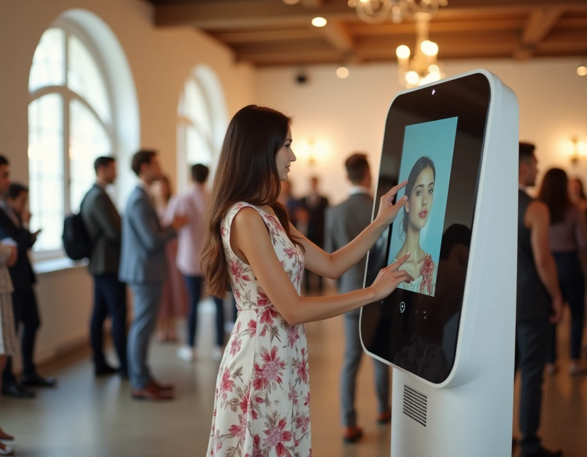 Borne photomaton moderne à écran tactile installée dans une salle événementielle contemporaine avec une jeune femme interagissant avec l'interface en 2026