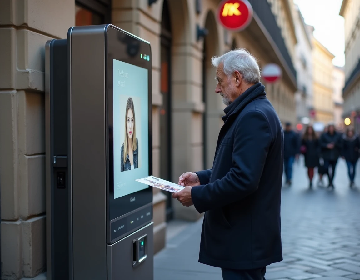 Borne photomaton en libre-service installée dans une rue piétonne européenne avec un homme consultant ses photos imprimées sur le trottoir en 2026