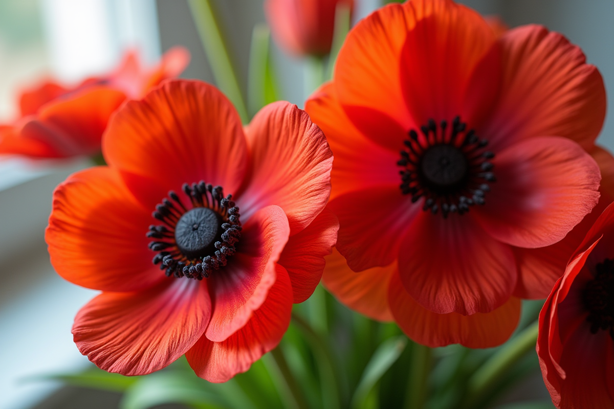 Bouquet d'anemone et d'amaryllis en lumière naturelle