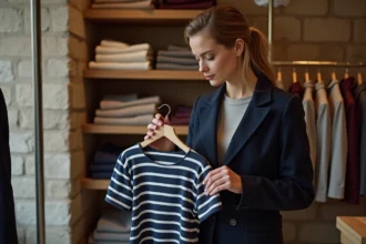 Femme élégante parcourant les vêtements d'une boutique parisienne authentique avec des rayonnages en bois et des murs en pierre
