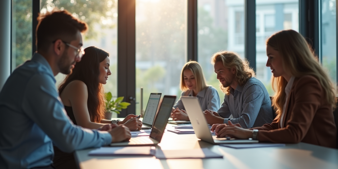 Espace de travail moderne avec équipe diversifiée collaborant