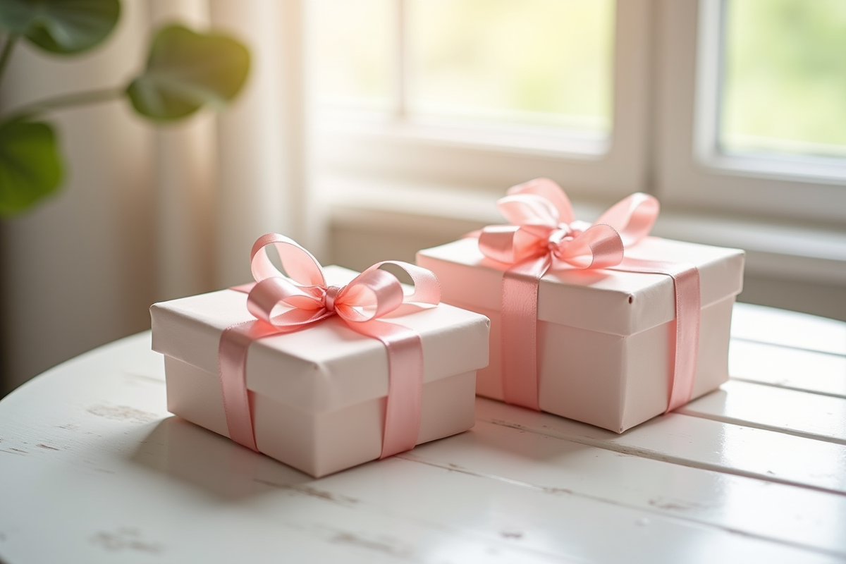 Coffrets cadeaux d anniversaire avec rubans en soie sur table blanche
