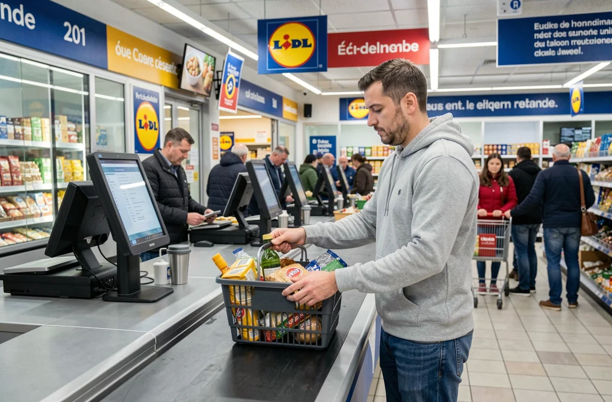Client déposant ses courses sur le tapis roulant à la caisse d'un Lidl parisien