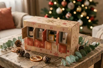 Calendrier de l'Avent Hugo Romance ouvert sur une table en bois avec des produits beauté révélés derrière les petites portes numérotées