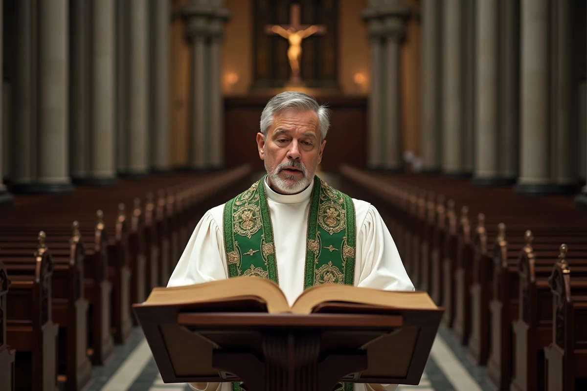 Cantor catholique en aube blanche chantant au lutrin dans une cathédrale gothique