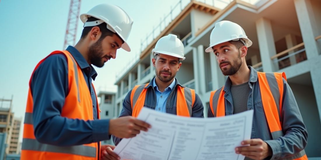 Chantier de construction moderne en journée avec ouvriers