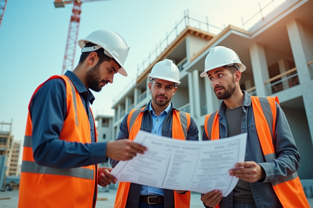 Chantier de construction moderne en journée avec ouvriers