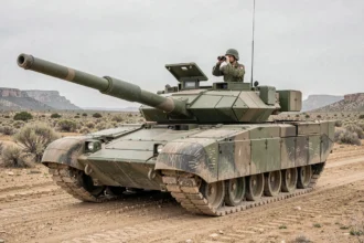 Char Leclerc de l'armée française sur un terrain d'entraînement aride, avec commandant en tourelle et canon 120mm en avant-plan