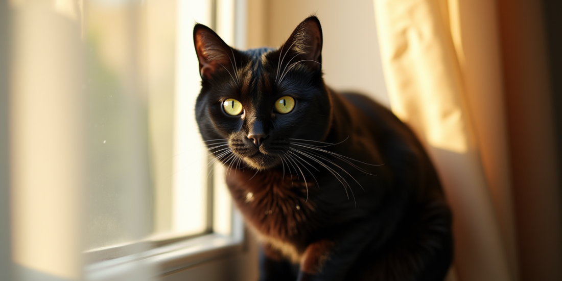 Chat noir aux yeux verts sur une fenêtre ensoleillée