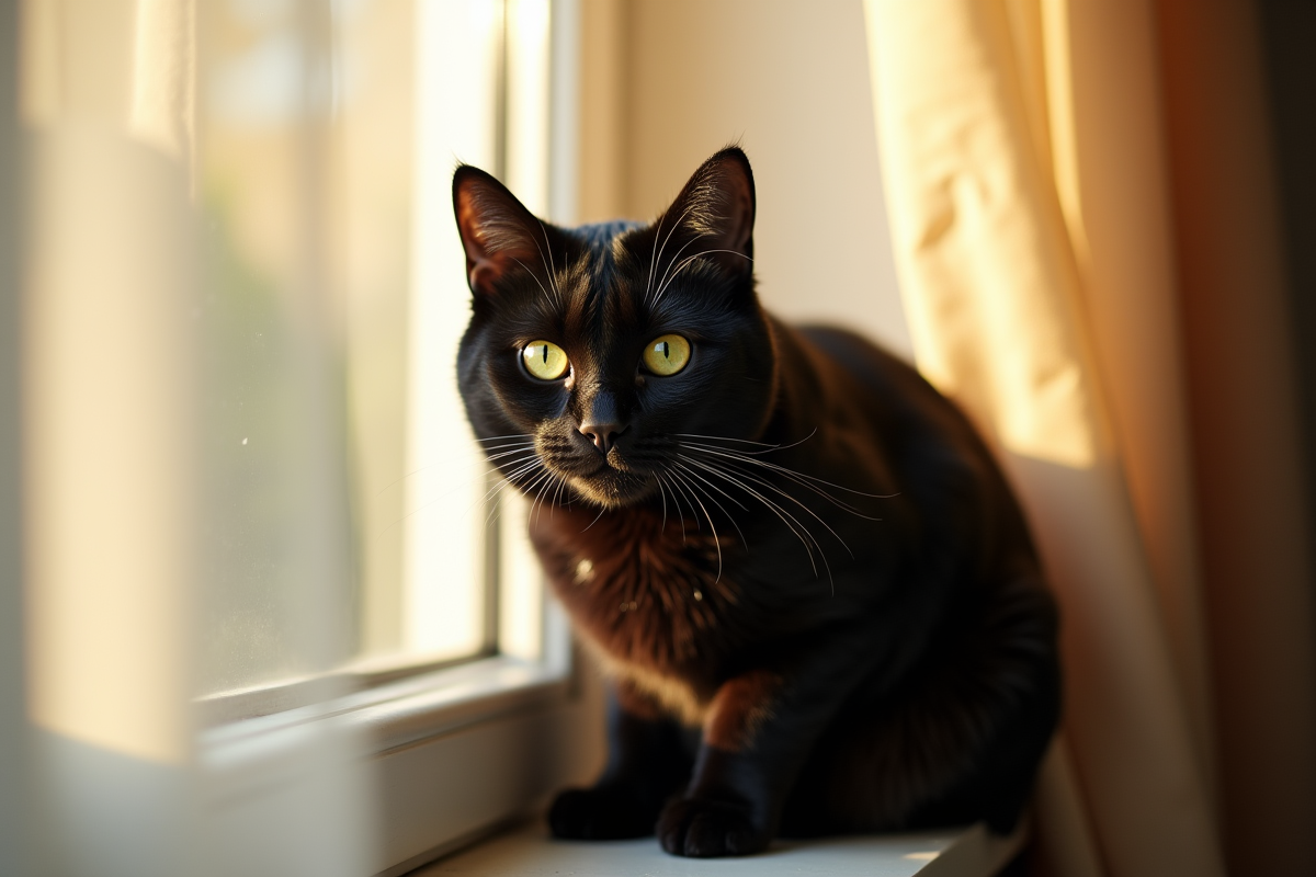 Chat noir aux yeux verts sur une fenêtre ensoleillée