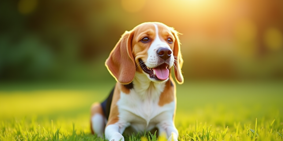 Beagle citron assis dans un jardin ensoleille