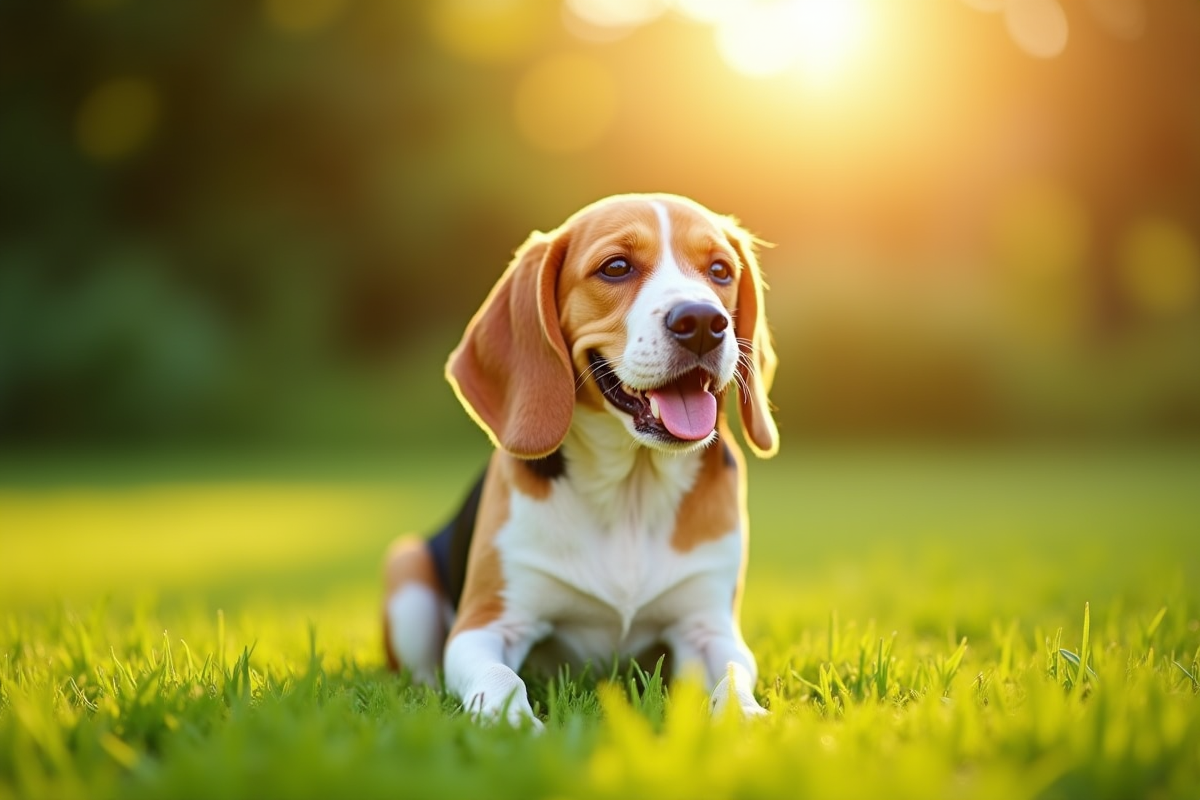 Beagle citron assis dans un jardin ensoleille