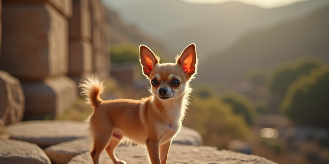 Petit chihuahua sur ruines anciennes au matin