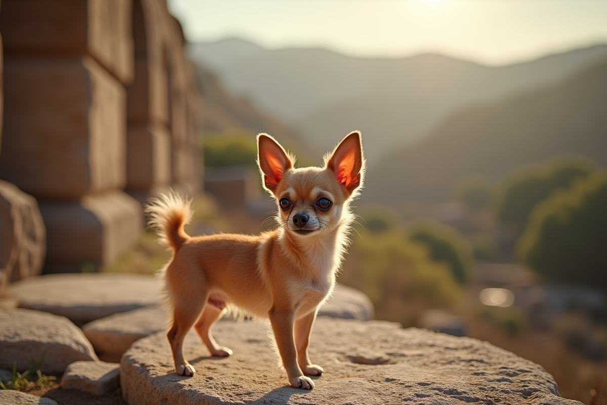 Petit chihuahua sur ruines anciennes au matin