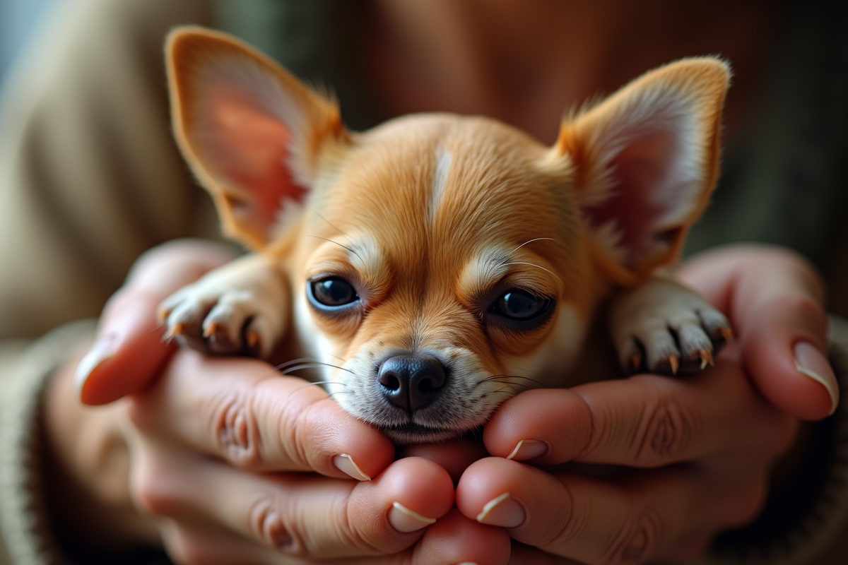 Chihuahua reposant dans les mains d’un senior