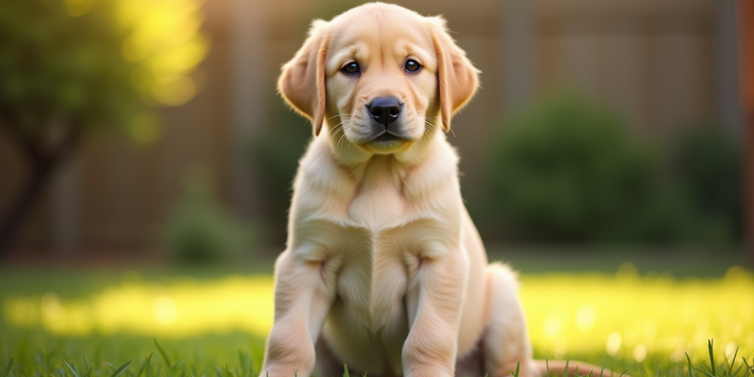 Chiot labrador doré assis dans le jardin ensoleille
