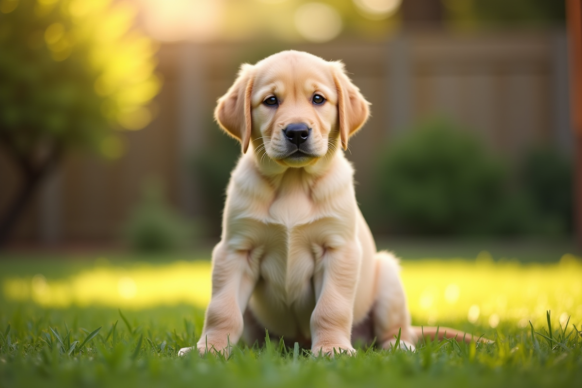 Chiot labrador doré assis dans le jardin ensoleille