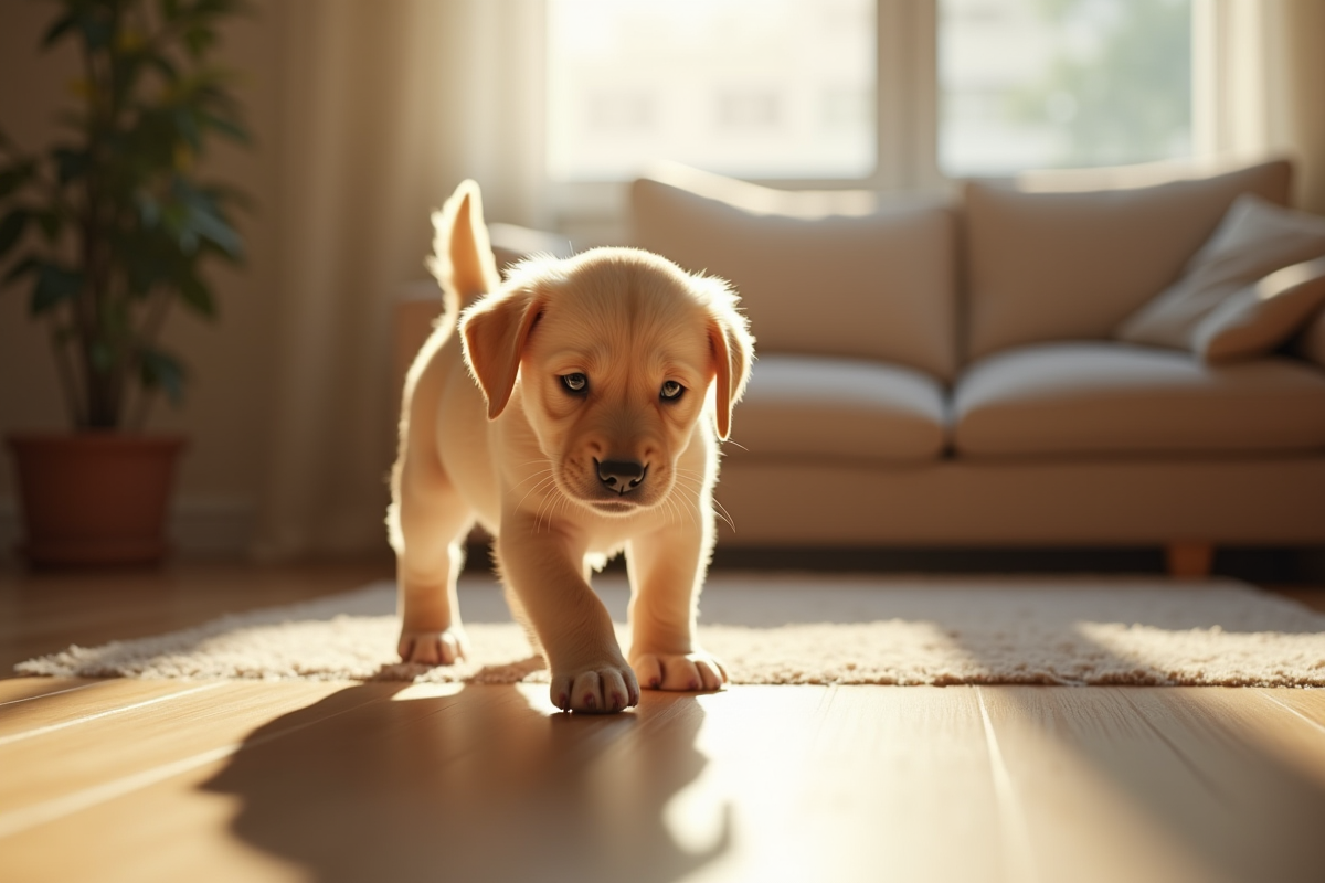 Petit chiot labrador explore un salon lumineux