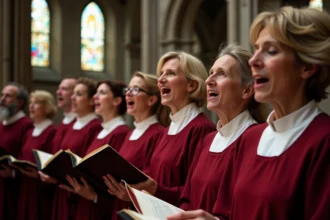 Choeur liturgique adulte en robes bordeaux chantant dans une église romane en pierre